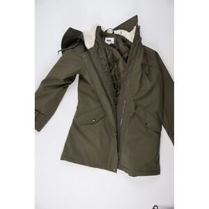 DKNY Parka Jacket Faux Shearling Hood Olive Green Medium Coat
